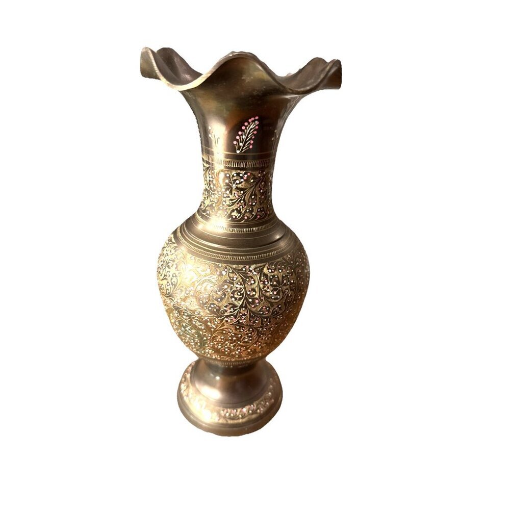 Vintage Brass etched Vase beautiful Blue White Pink Floral 8.25” Tall